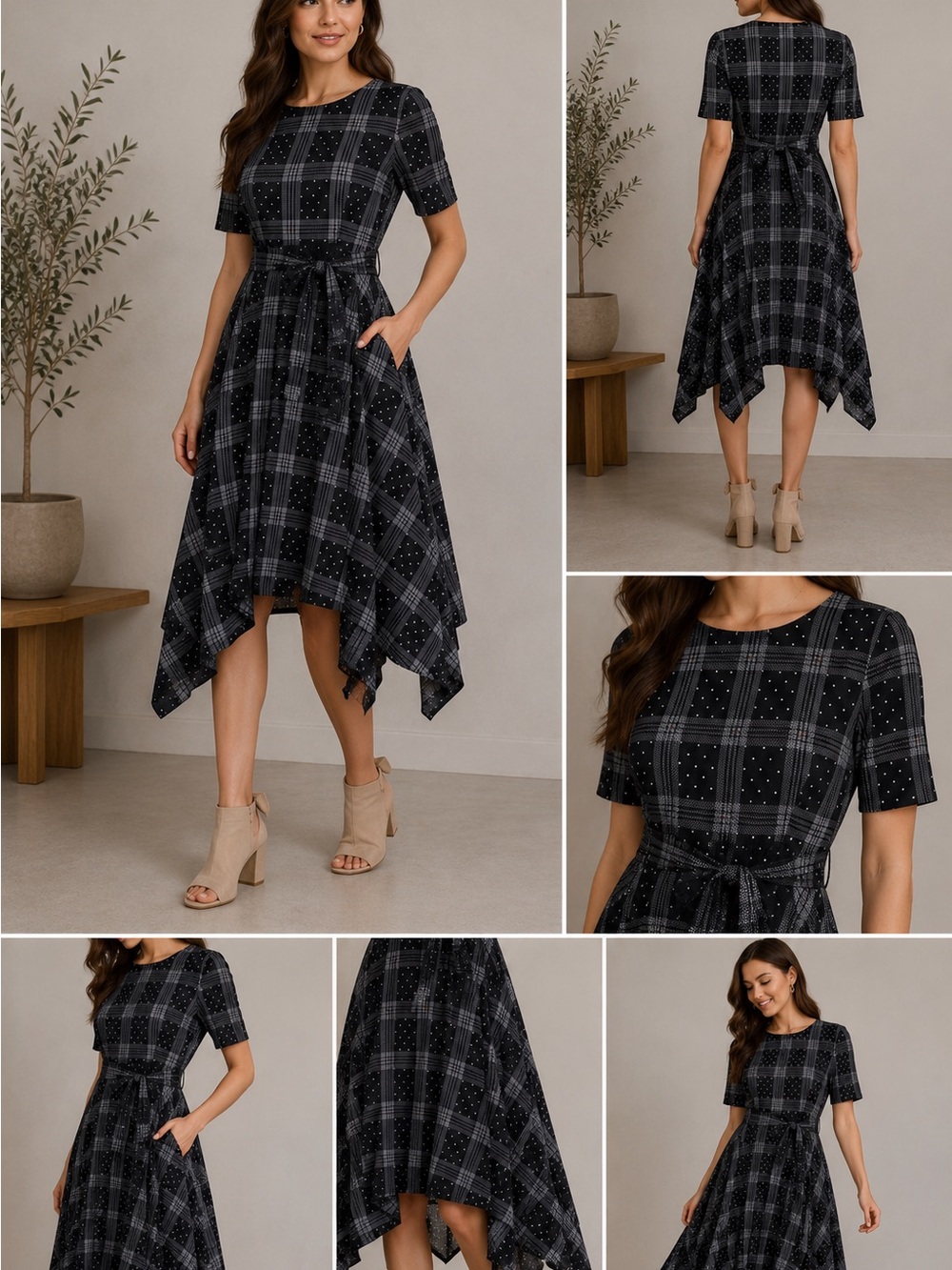 Elle Black Plaid Handkerchief Hem Dress with Tie Waist